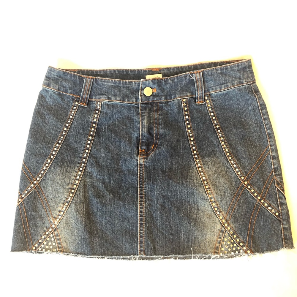 Cache Dark Blue Denim Mini Skirt with Silver Studs